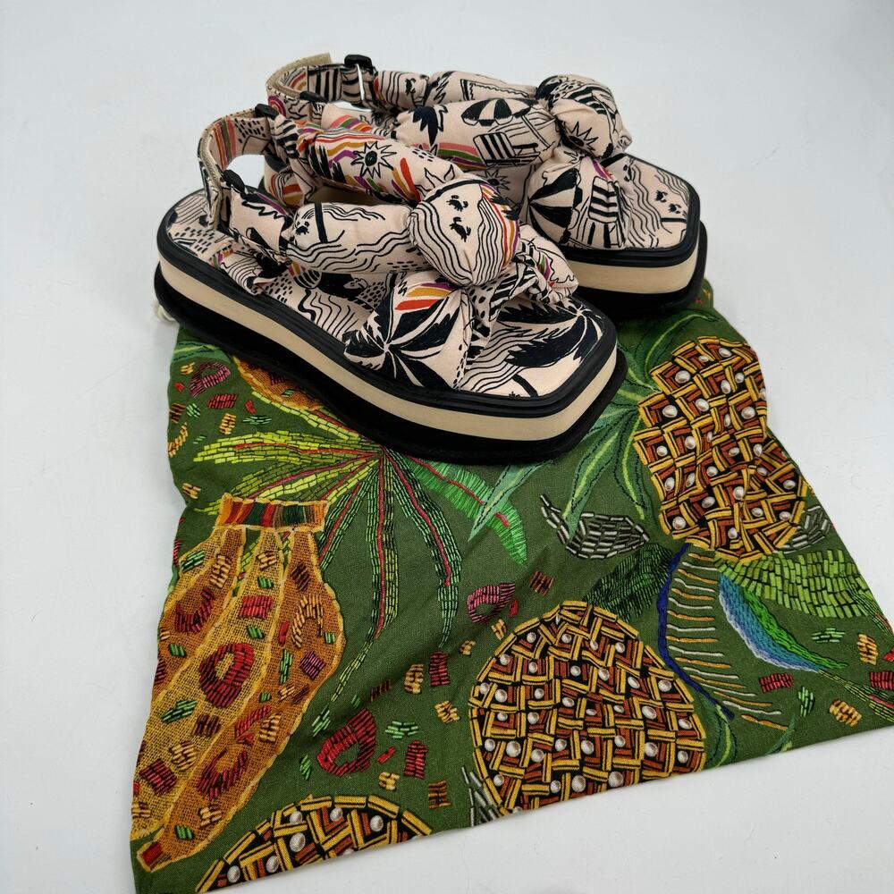 FARM Rio Beige Black Tropical Print Platform Sandals